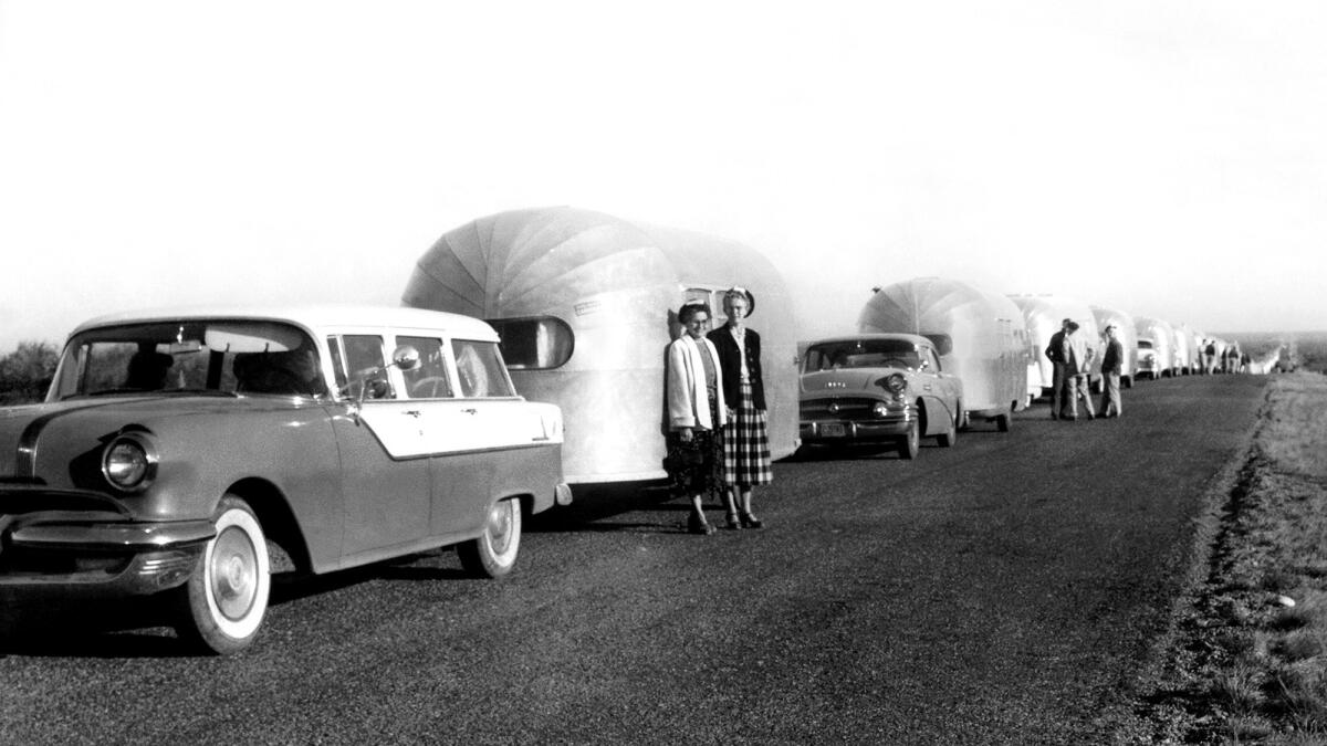 Airstream travel trailers started catching on after World War II. Above, an Airstream caravan on a country road in 1956.