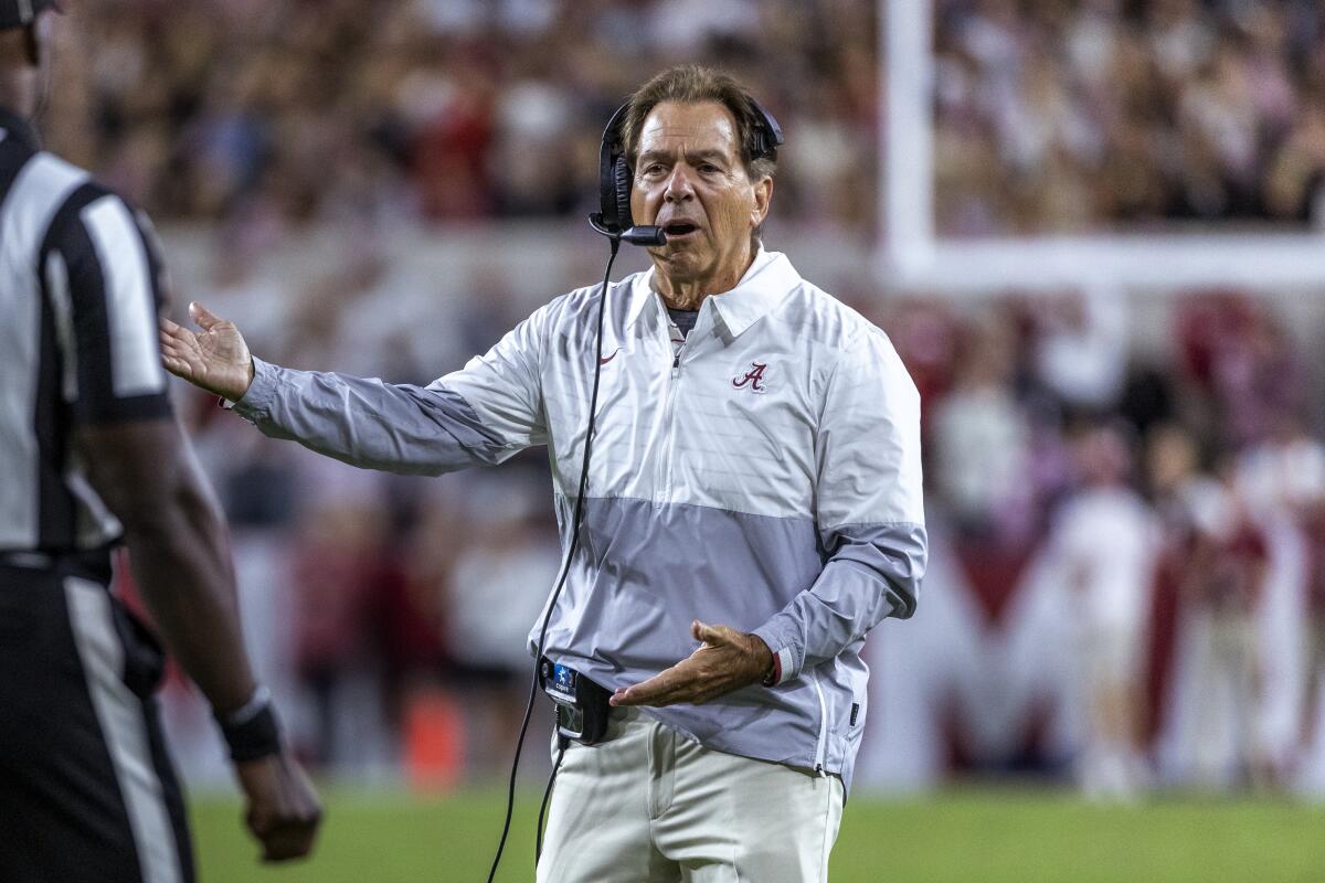 Alabama coach Nick Saban argues a pass interference call late in the second half of the team's NCAA college football game against Texas A&M, Saturday, Oct. 8, 2022, in Tuscaloosa, Ala. (AP Photo/Vasha Hunt)