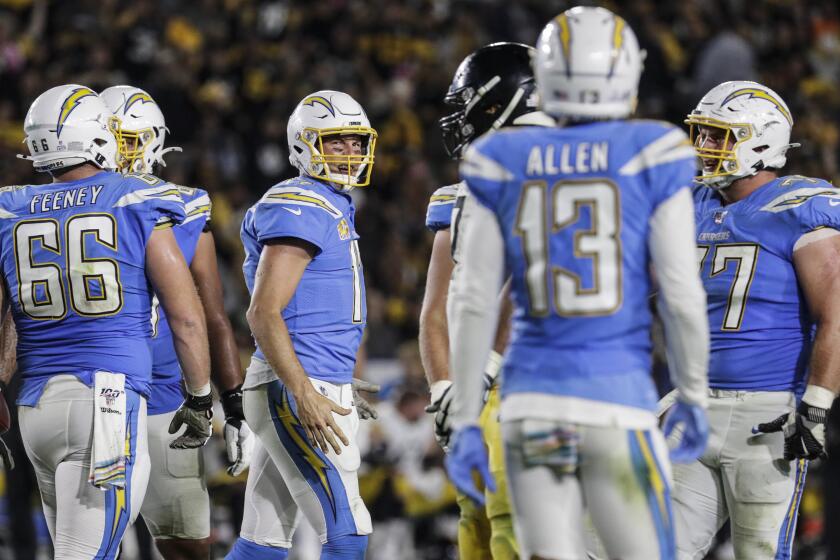 CARSON, CA, SUNDAY, OCTOBER 13. 2019 Los Angeles Chargers quarterback Philip Rivers (17) has words with receiver Keenan Allen after a missed connection against the Steelers at Dignity Health Sports Park (Robert Gauthier/Los Angeles Times)