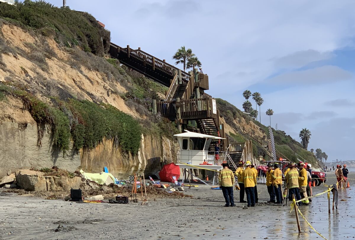 Three people were killed in an Encinitas beach bluff collapse on Aug. 2.