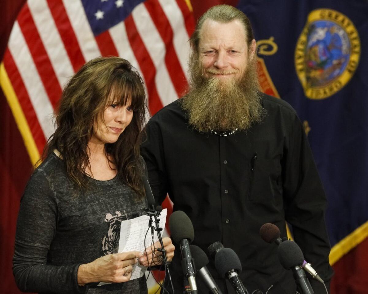 Jani and Bob Bergdahl speak at a news conference at Gowen Field in Boise, Idaho, to praise the return of their son, Bowe Bergdahl, from Taliban captivity.