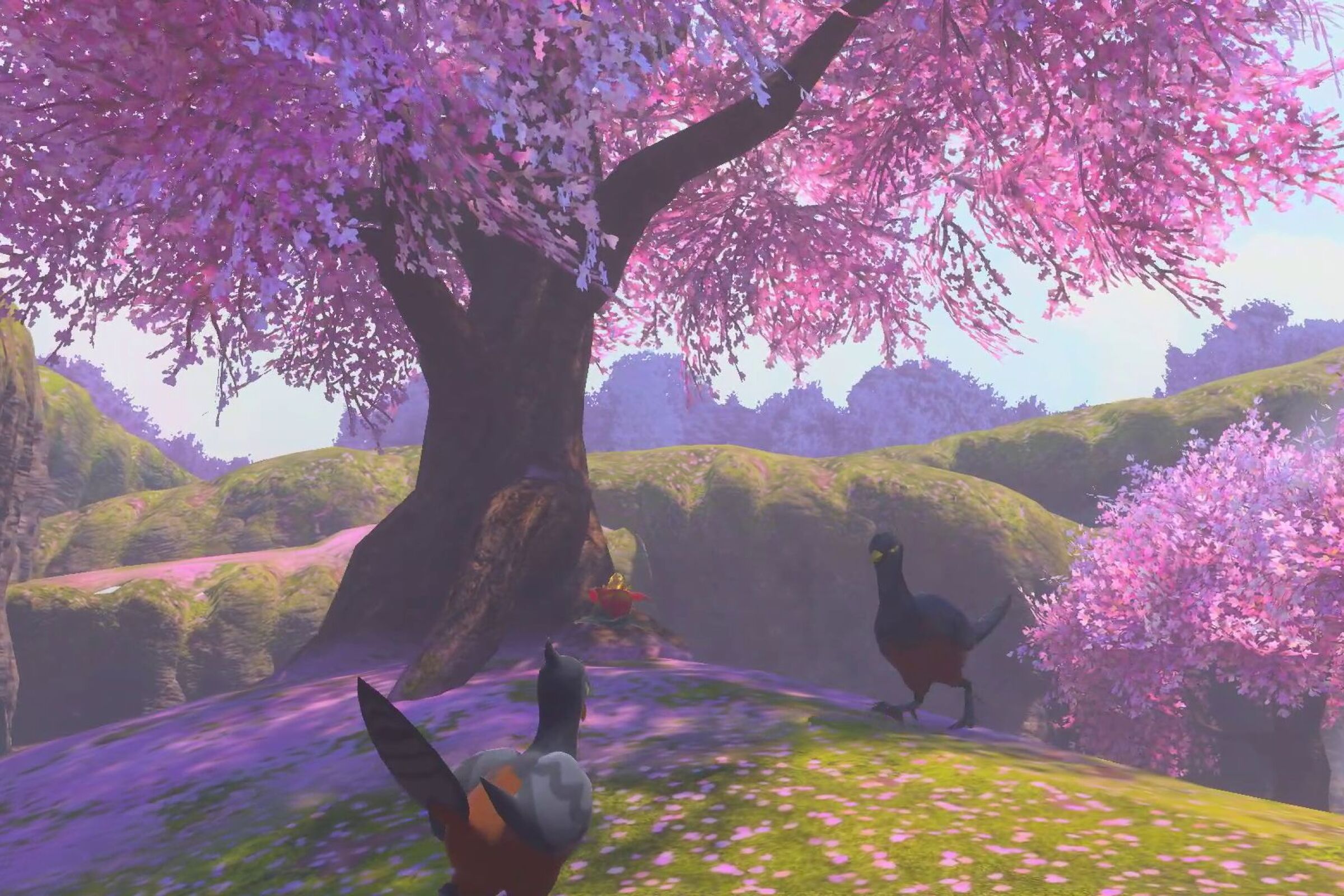 Birds strut among flowering trees in the "New Pokémon Snap" game.