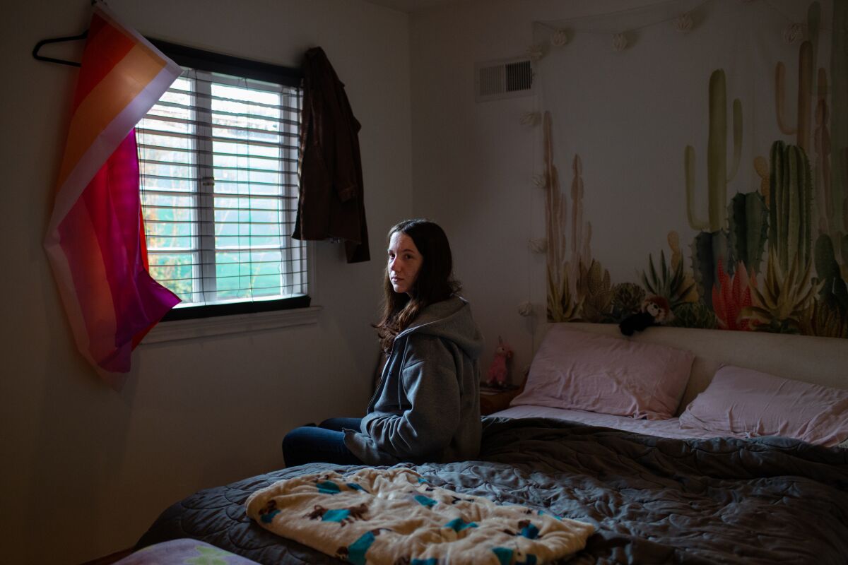Grace Campbell-McGuire, 17, in her bedroom in her family's Hollywood Hills home.