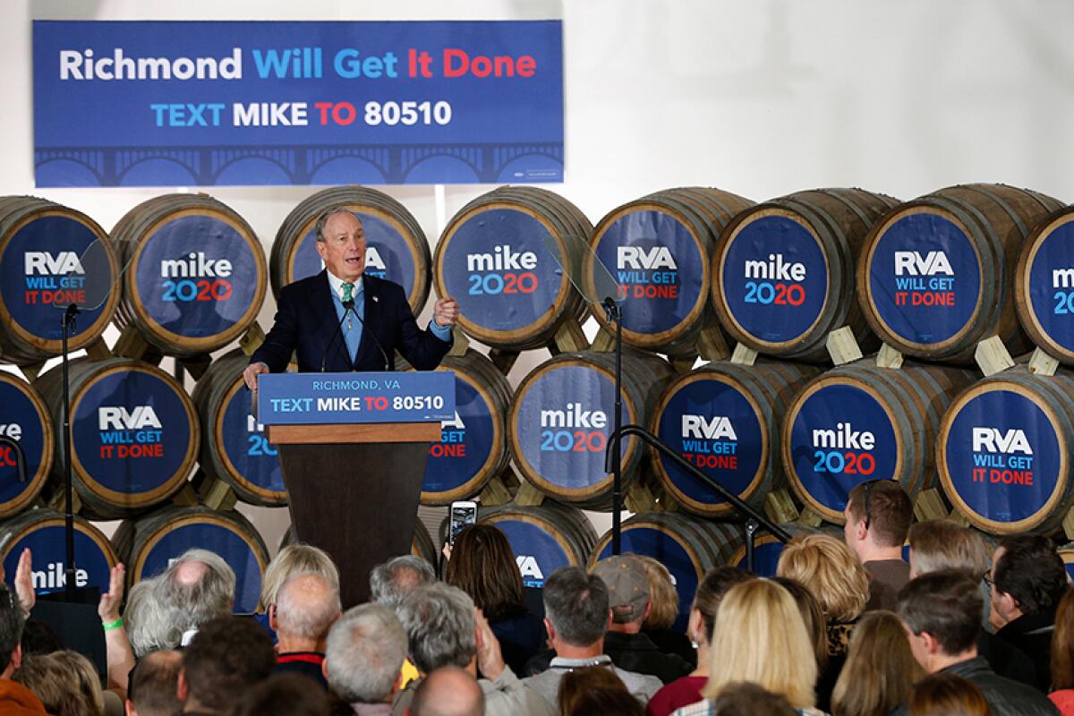 Democratic presidential candidate Michael Bloomberg speaks during a campaign stop in Richmond, Va., on Feb. 15.