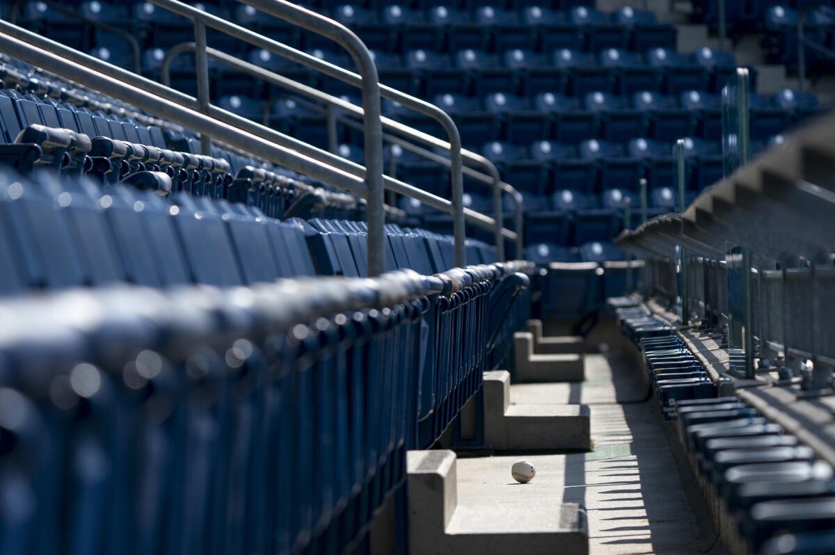 A foul ball sits in the empty stands at Citizens Bank Park