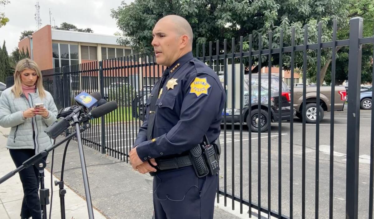 Fresno Police Chief Paco Balderrama speaks to reporters