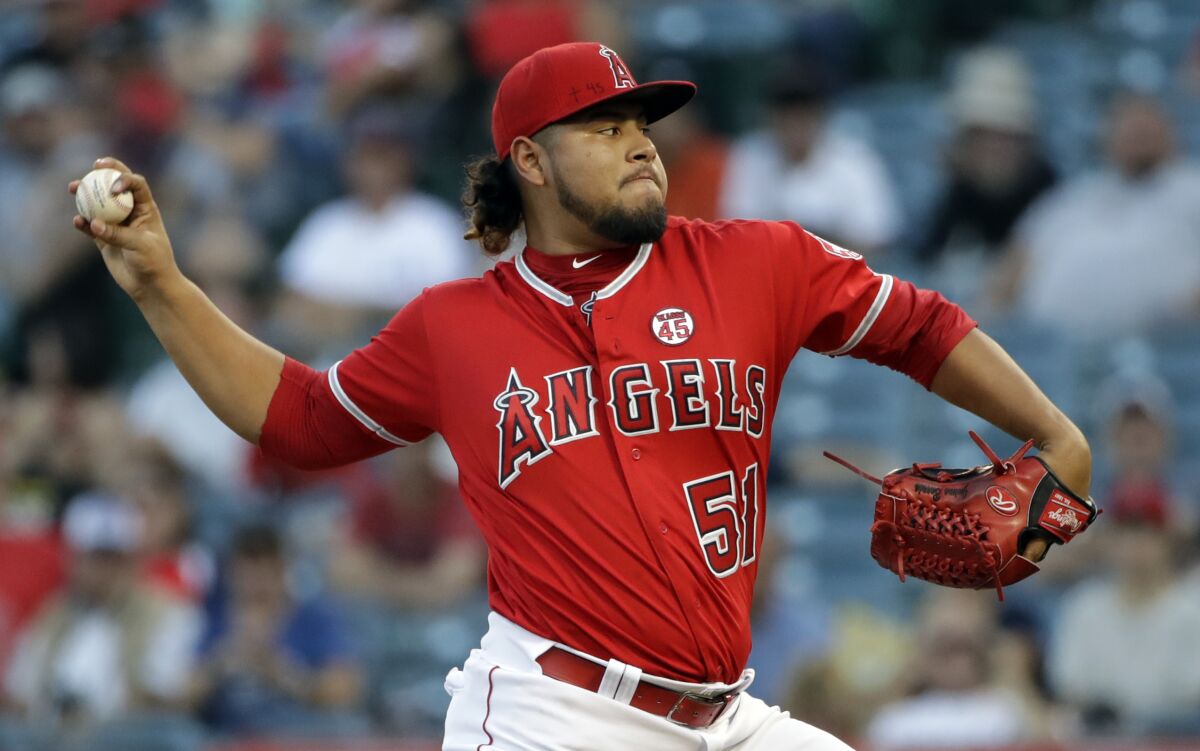 Angels starter Jaime Barria delivers a pitch against the Rays on Sept. 14, 2019.