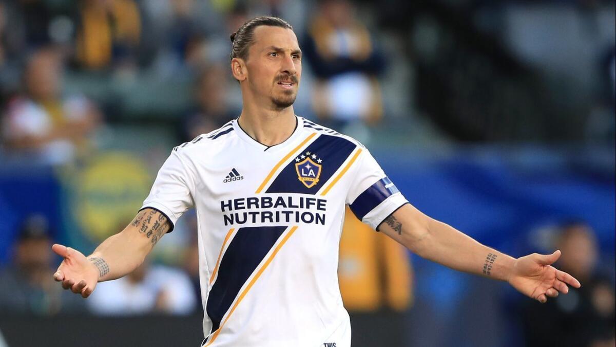 Galaxy forward Zlatan Ibrahimovic in a game against Real Salt Lake on April 28. He will not play Sunday after being suspended for two games.