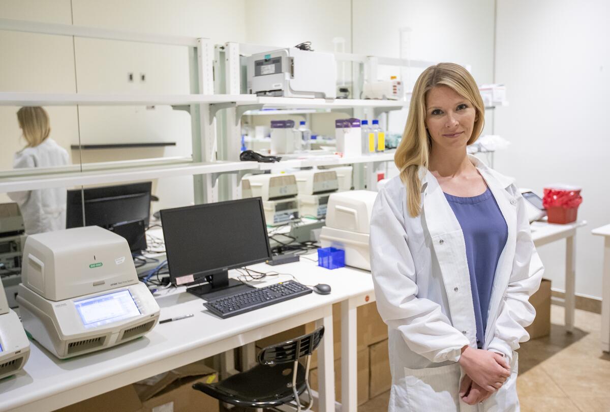 Dr. Janina Krumbeck is a microbiologist for Irvine-based Zymo Research who oversees coronavirus testing at the Pangea Laboratory in Costa Mesa.