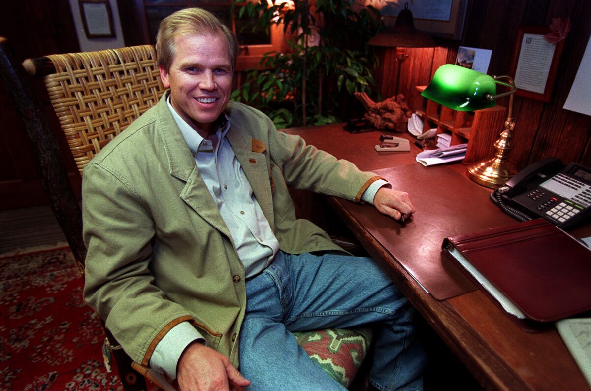 Adventure 16 president John D. Meade in his rustic office in 1999.