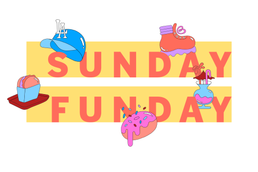 Sunday Funday text with colorful illustrations of an L.A. Dodgers hat, hiking boot, mixed drink, donut and burger.