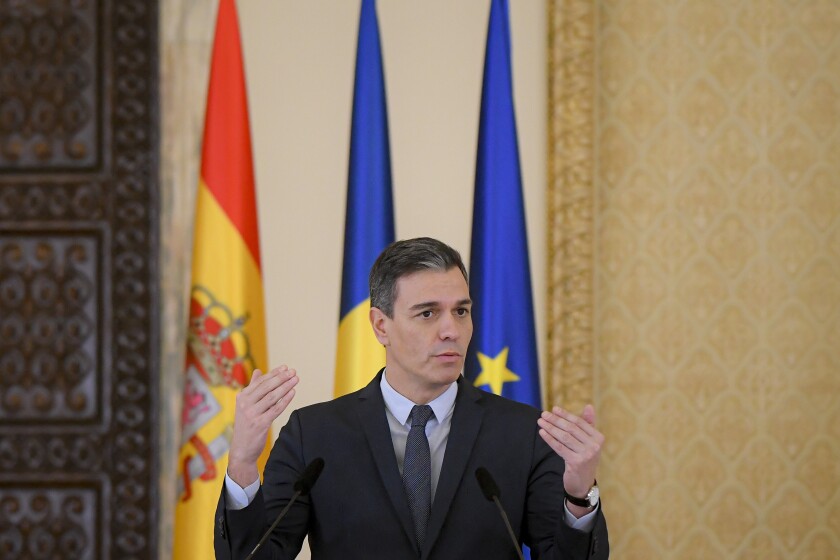 FILE - Spain's Prime Minister Pedro Sanchez gestures during news conference at the Presidential Palace in Bucharest, Romania, on March 17, 2022. The Spanish government has approved a package of emergency economic measures worth more than 9 billion euros (9.5 billion dollars) in a bid to temper the economic fallout from Russia's invasion of Ukraine, Prime Minister Pedro Sanchez said Saturday June 25, 2022. (AP Photo/Andreea Alexandru, File)