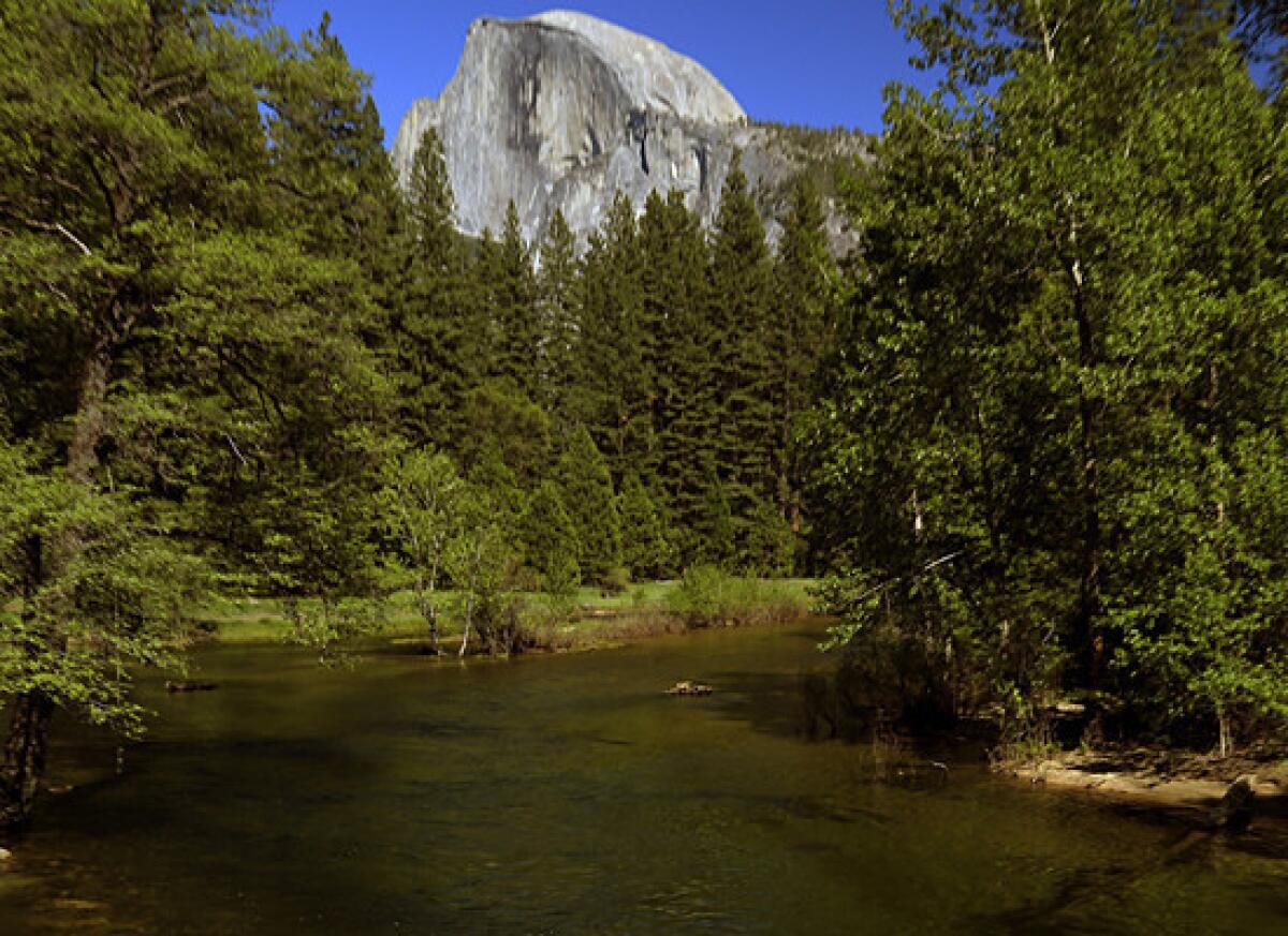 The Merced River winds past Half Dome in Yosemite National Park.
