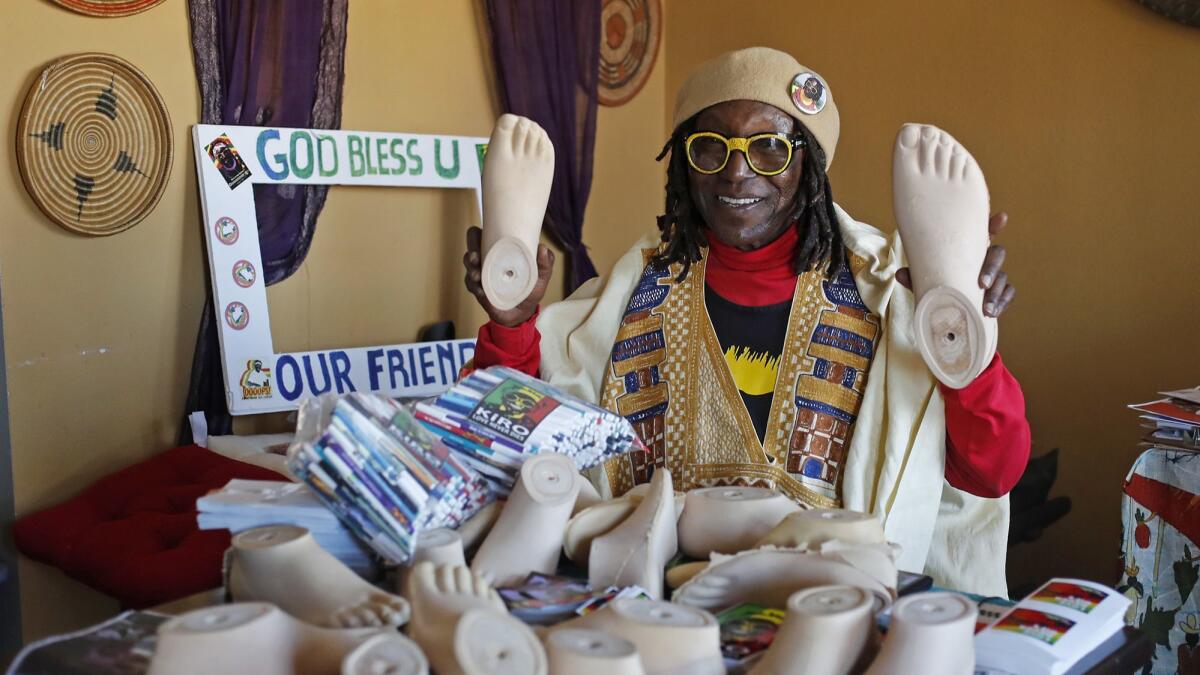 Bigiria Mustapha Prince David Willy Kirokiro, commonly known as Kiro, with items he will take for those in need to Africa. Kiro escaped the Rwandan genocide and eventually settled in Orange County. He has opened two schools in Africa.