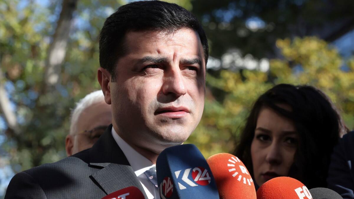 Selahattin Demirtas of the People's Democratic Party was among those detained. Demirtas is photographed Tuesday condemning recent detentions of journalists.