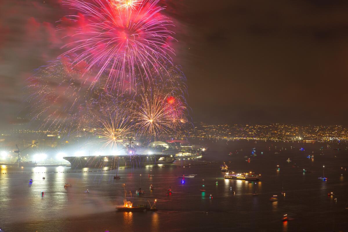 Fireworks fill the sky near the USS Theodore Roosevelt above San Diego Bay,