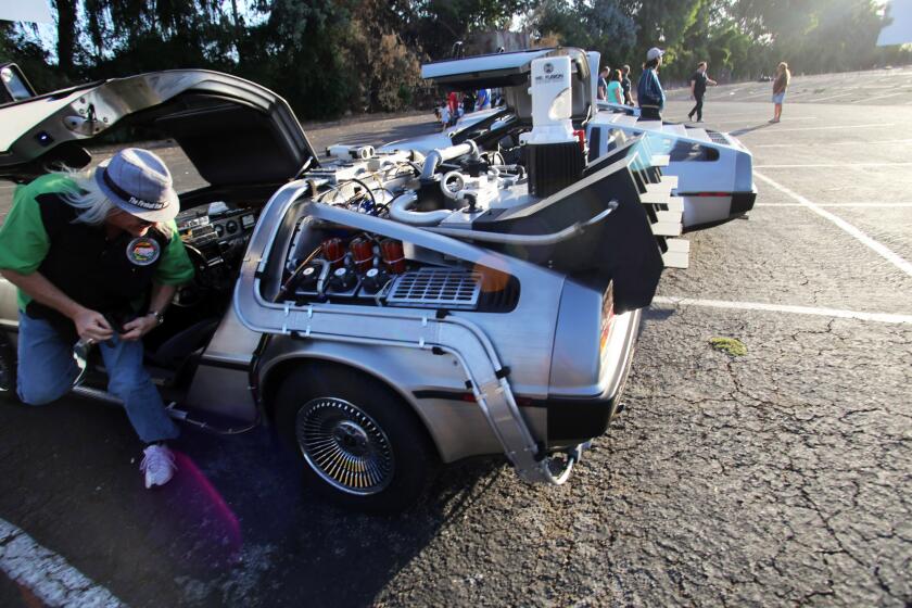 "Doc" parks his "Time Machine" DeLorean for the "Drive-In To The Future" a double movie feature of Back to the Future II and Back to the Future III, at the Mission Tiki Drive-In Theater in Montclair, Ca., Sunday, September 8, 2019. (photo by James Carbone)