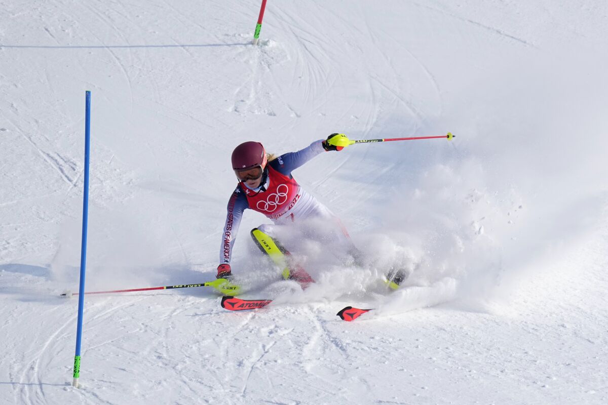 Mikaela Shiffrin skis at the 2022 Winter Olympics.
