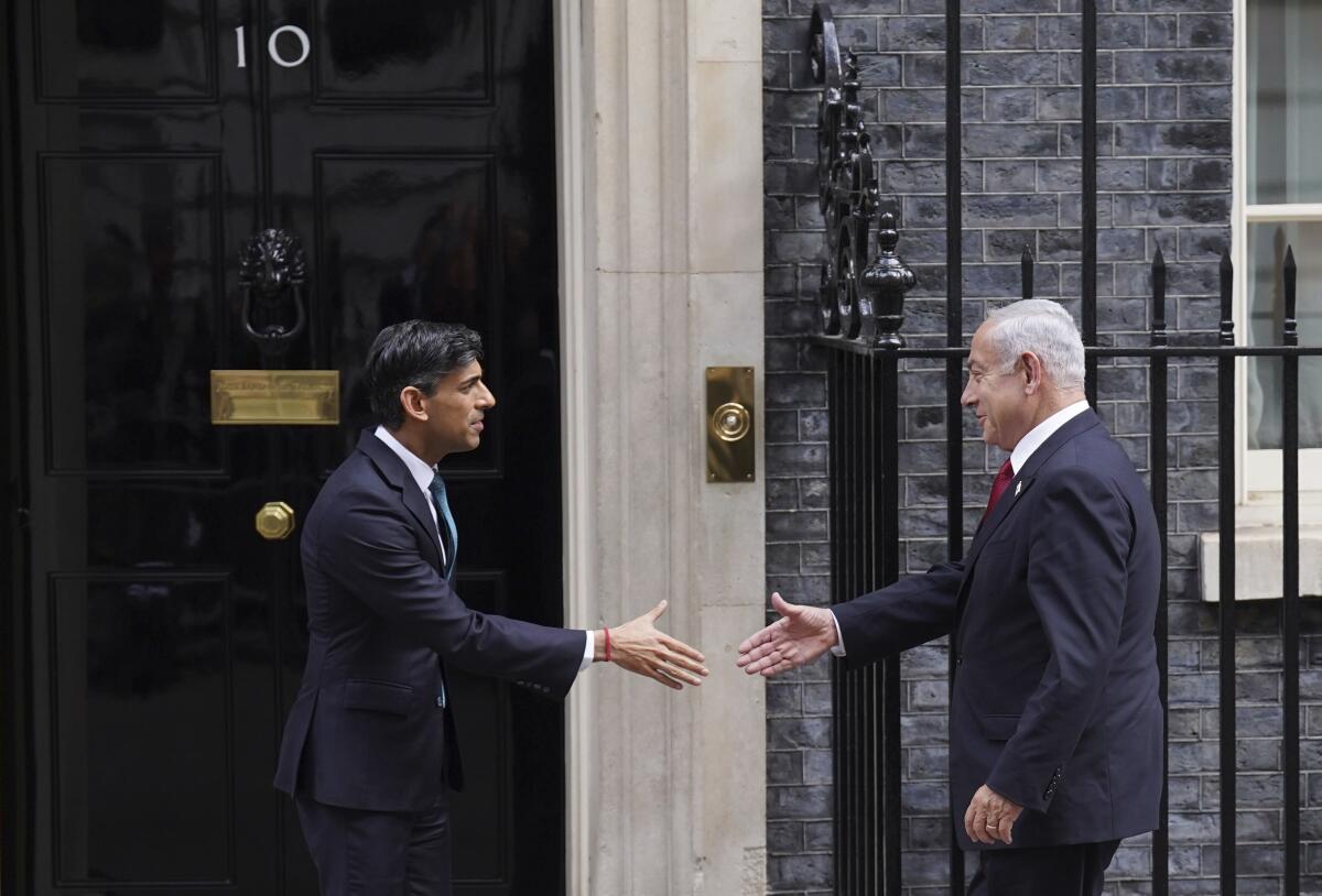 Britain's Prime Minister Rishi Sunak welcomes Israel Prime Minister Benjamin Netanyahu