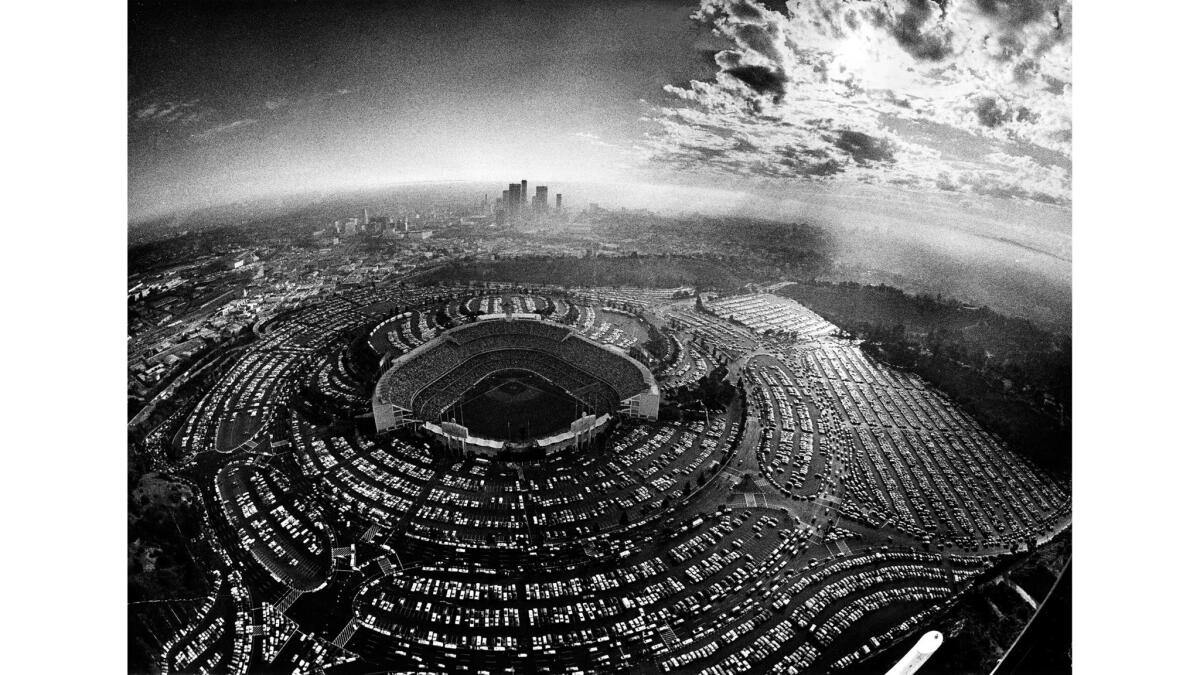Oct. 4, 1977: Cars jam the parking lots of Dodger Stadium for the first game of the National League Championship Series playoffs between the Dodgers and the Philadelphia Phillies.
