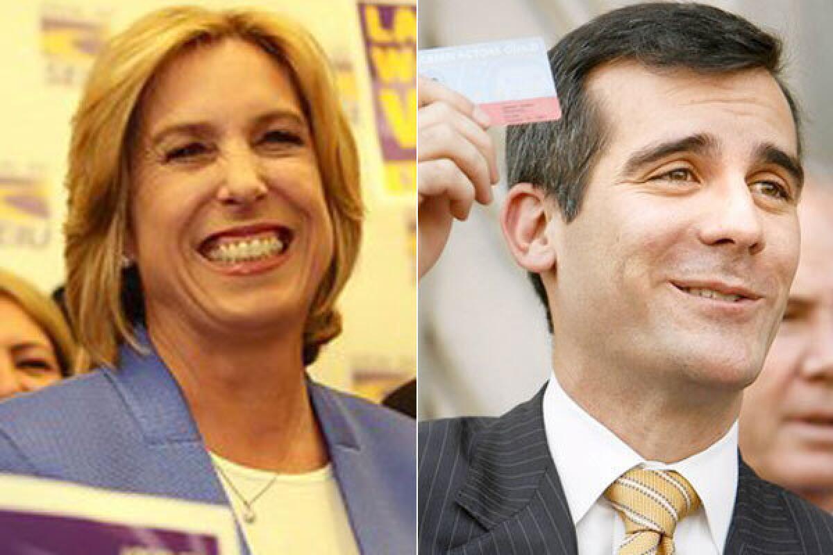 Los Angeles mayoral candidates Wendy Greuel and Eric Garcetti, both liberal Democrats, have struggled to be sympathetic, but not too embracing, of the defenses that unions have mounted of their members' wages and benefits.