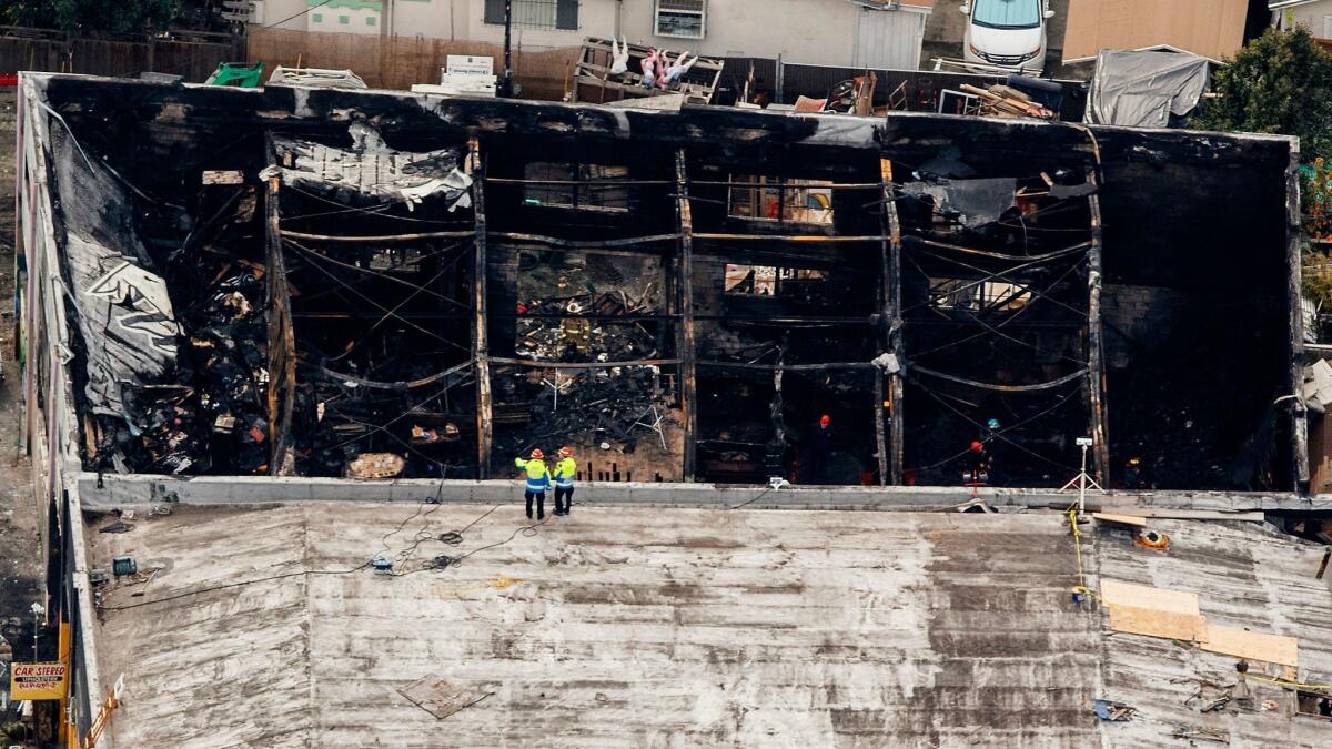 An aerial view of the Ghost Ship warehouse that burned and killed 36 people in the Fruitvale neighborhood of Oakland.