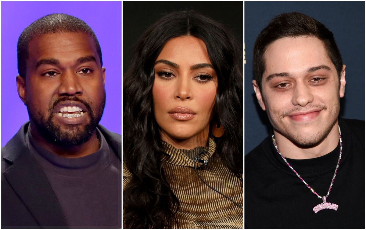 Triptych of Kanye West, Kim Kardashian and Pete Davidson