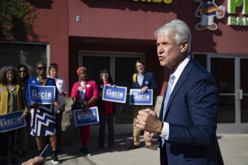 LOS ANGELES, CA - OCTOBER 28, 2019: George Gascon announces his plan to run for L.A. District Attorney during a press event at a strip mall across from the Twin Towers on October 28, 2019 in Los Angeles, California. (Gina Ferazzi/Los AngelesTimes)