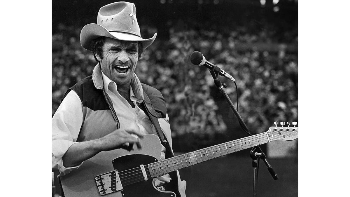 Oct. 26, 1980: Merle Haggard performing at the Country Fall Festival concert at Anaheim Stadium.