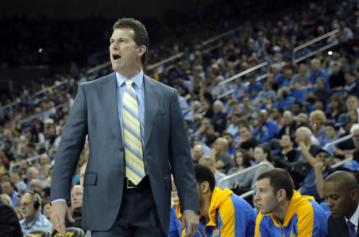 UCLA Coach Steve Alford calls out directions to his team against Oregon on Saturday at Pauley Pavilion.