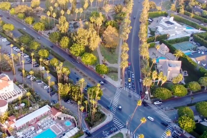 An aerial view of a Beverly Hills landscape from police drone