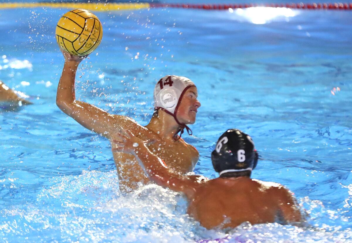 Laguna's Cade Anderton (14) shoots and scores during the semifinals of the CIF Southern Section Division 1 playoffs.