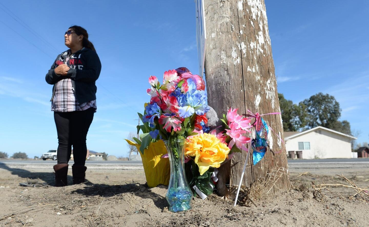 Blanca Amezola, a friend of the family members who were killed in Saturday's crash, stands by the accident site to view a memorial Sunday in Riverdale.