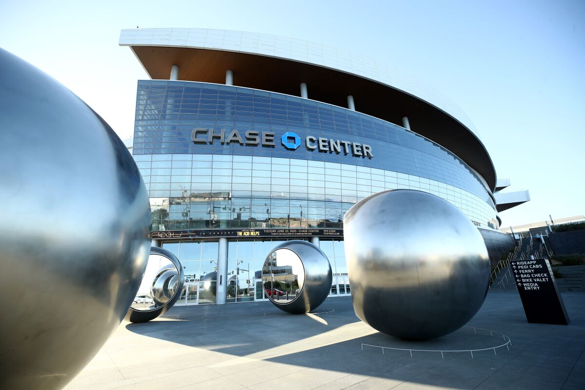 An exterior view of the Chase Center.