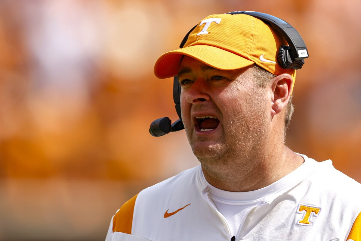Tennessee head coach Josh Heupel yells to his players during the second half of an NCAA college football game against Pittsburgh Saturday, Sept. 11, 2021, in Knoxville, Tenn. (AP Photo/Wade Payne)