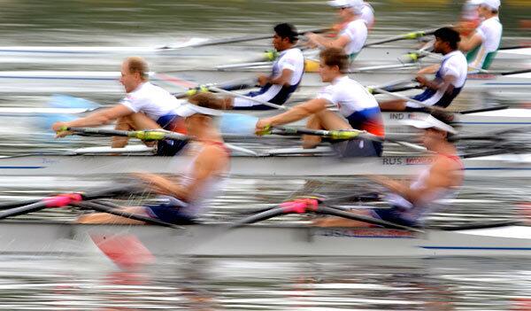 Andrew Quinn, second from left, and Shane Madden of the U.S. compete against teams from Russia, India and South Africa in a double sculls event at the Rowing World Championships in Poznan in western Poland.