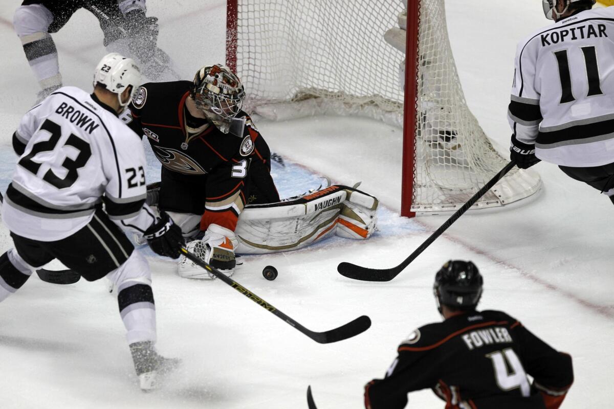 Ducks rookie goalie John Gibson has given up just three goals to the Kings in two playoff games. The Ducks hold a 3-2 series lead over the Kings.