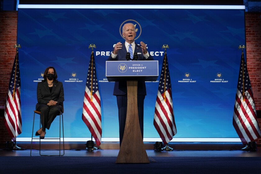 President-elect Joe Biden unveils his economic rescue plan as Vice President-elect Kamala Harris listens.