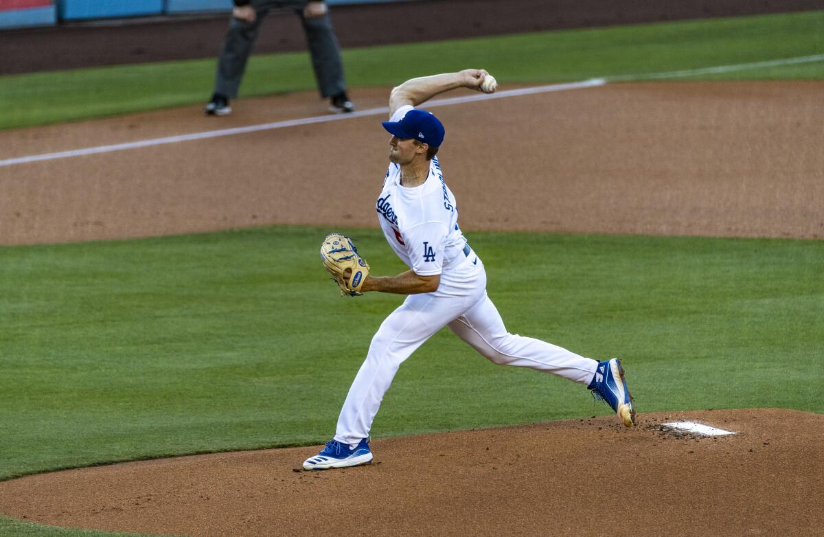 Dodgers starting pitcher Ross Stripling delivers in the first inning against the Giants on July 24, 2020.