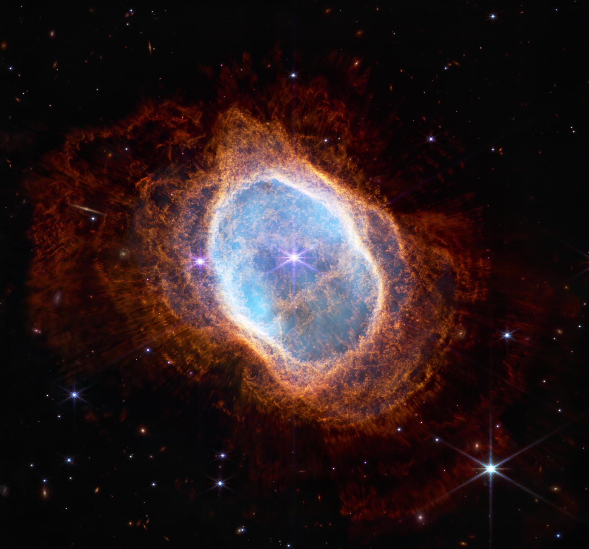 The bright star at the center of NGC 3132, while prominent when viewed by NASA's Webb Telescope 