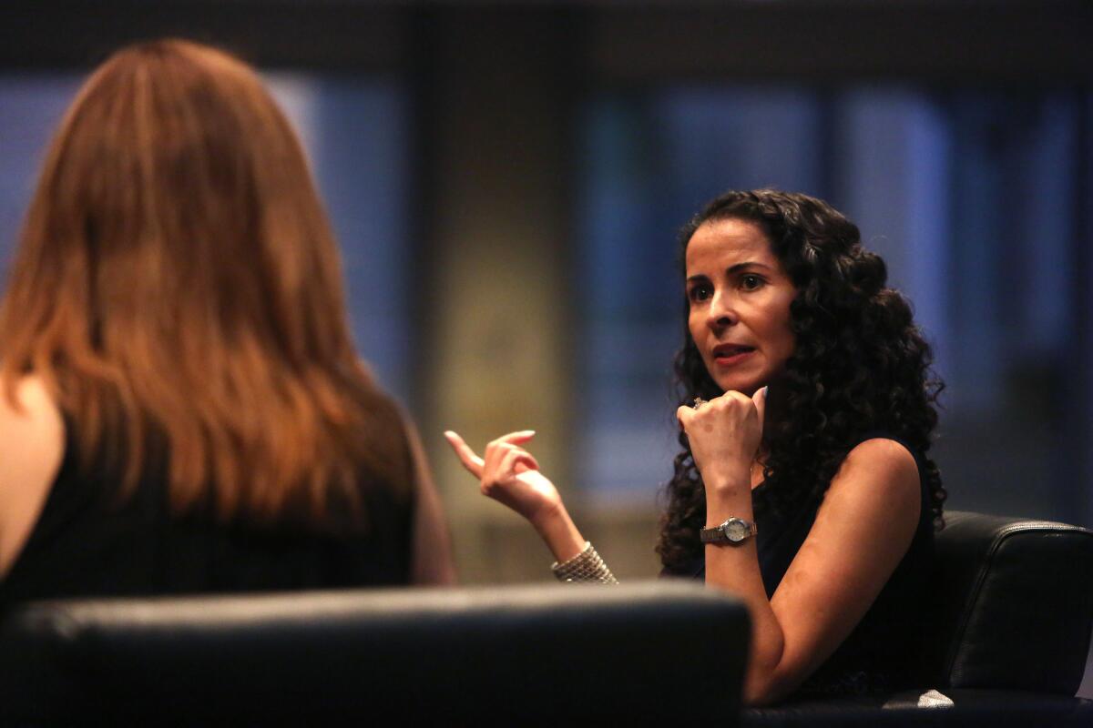 Laila Lalami, right, speaks about "The Other Americans" with reporter Lorraine Ali at the Skirball Cultural Center.
