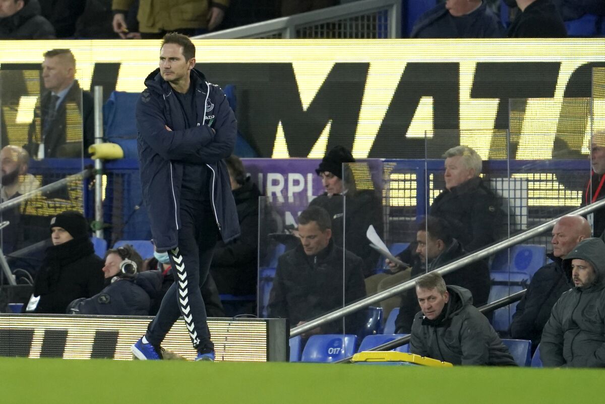 Everton's head coach Frank Lampard reacts during the English Premier League soccer match between Everton and Manchester City at Goodison Park in Liverpool, England, Saturday, Feb. 26, 2022. (AP Photo/Jon Super)
