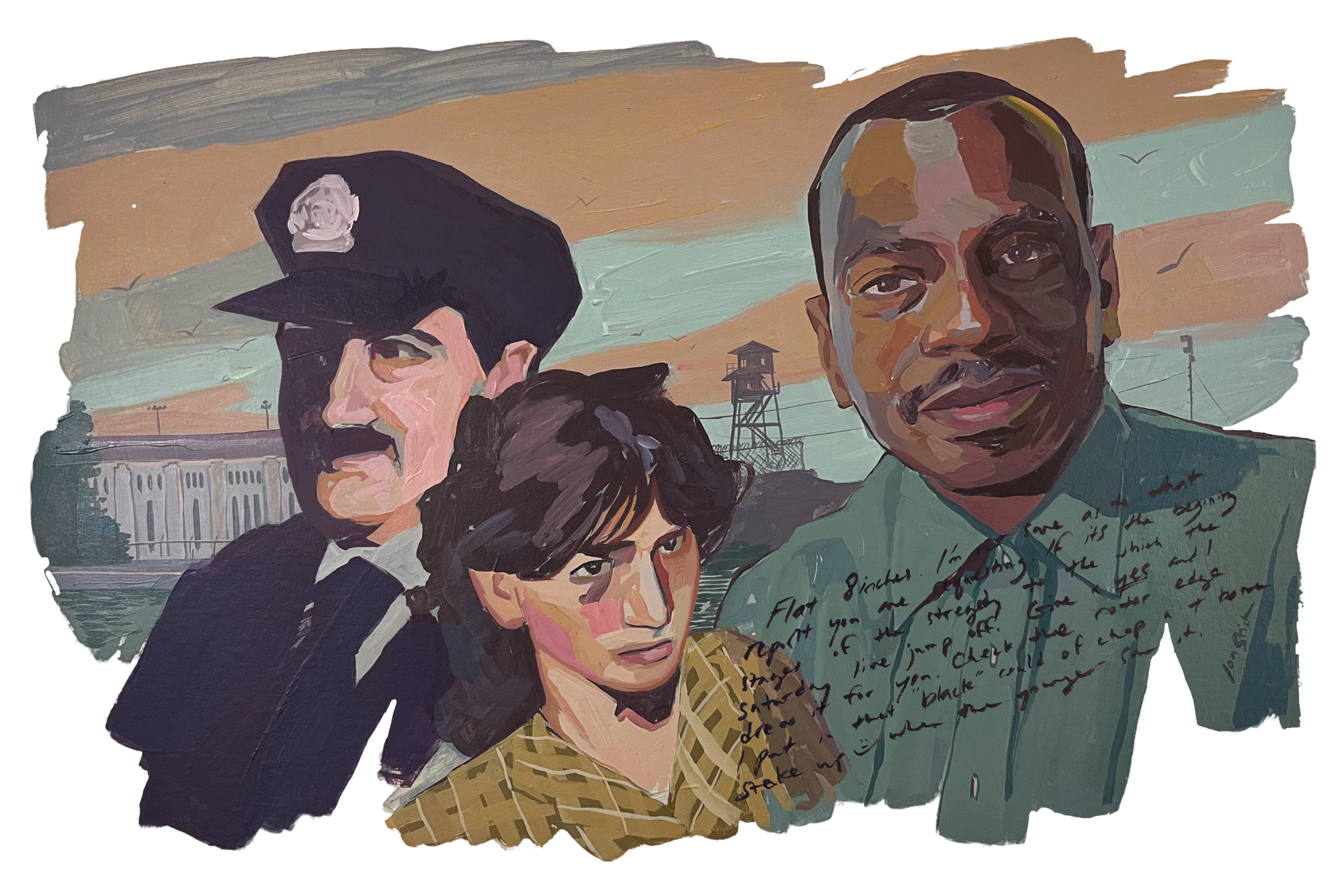 illustration of a prison guard, his teen daughter, and an inmate with San Quentin state prison in background