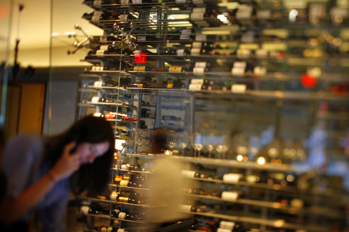 The wine display at Drago Centro in downtown Los Angeles.