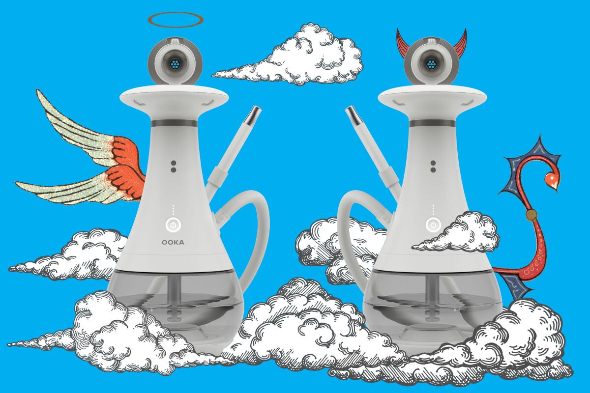 Two Ooka devices are surrounded by smoke-like clouds. One has angel wings and a halo. The other has horns and a tail.