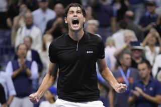 Taylor Fritz, of the United States, reacts after defeating Frances Tiafoe.