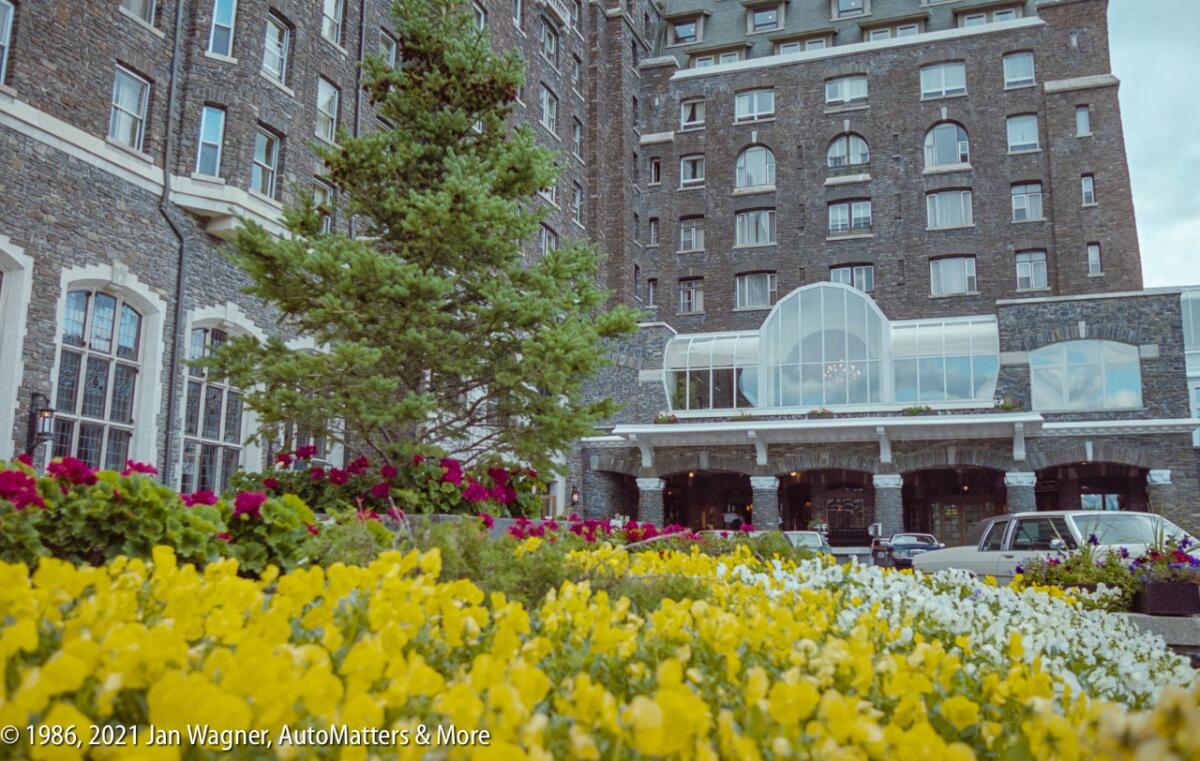 The old motor coach entrance to the Banff Springs Hotel