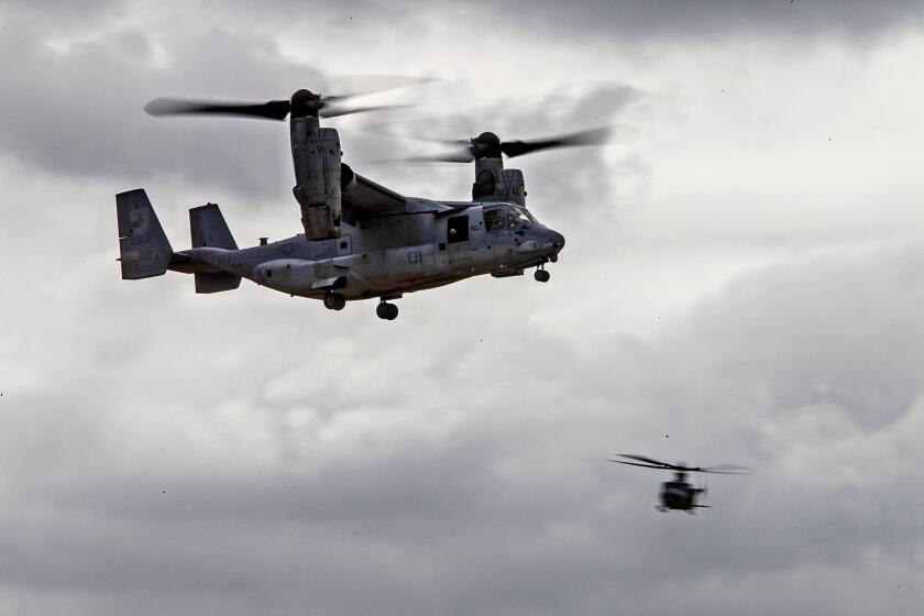 A Marine Corps Osprey MV-22 flies during preview day for the MCAS Miramar Airshow on September 26, 2019 in San Diego, California.