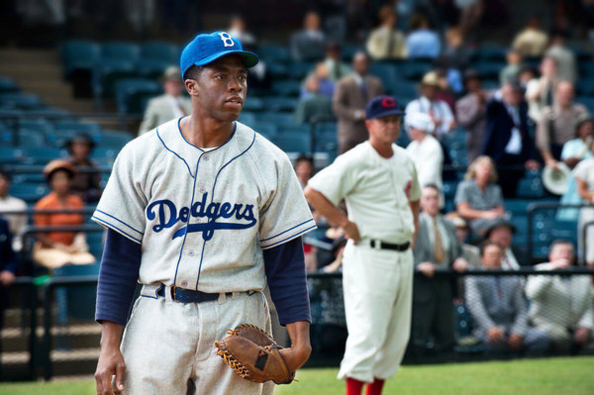 Chadwick Boseman as Jackie Robinson in a scene from "42."