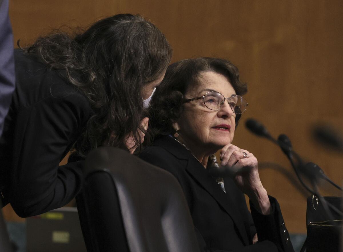Sen. Dianne Feinstein prepares to ask a question during a Senate Intelligence Committee hearing on Jan. 19, 2021. 